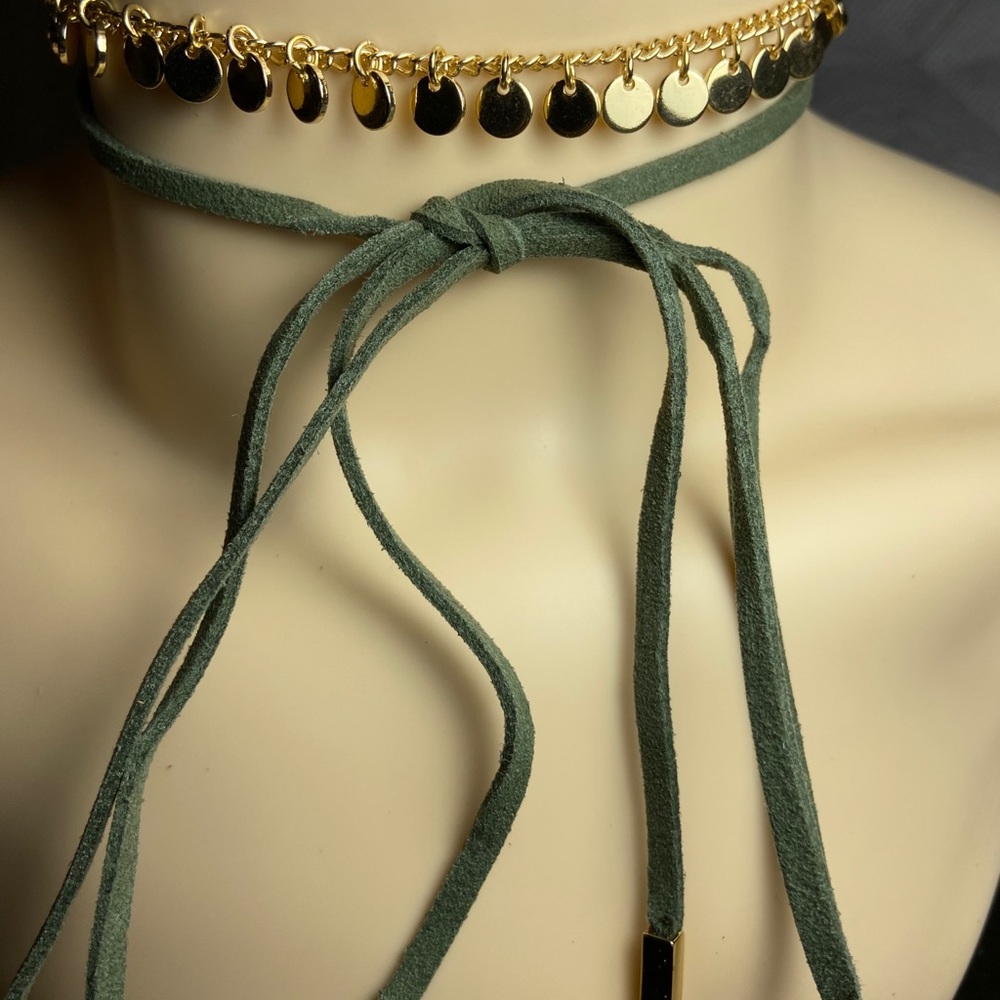 Olive Green Gold Wrap Bow Tie Choker Necklace